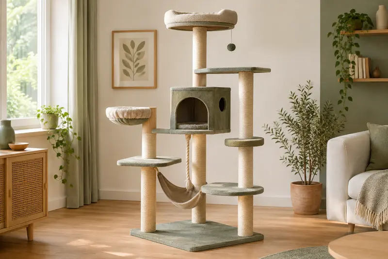 Arbre à chat avec plateformes et niche dans un salon lumineux aux tons naturels