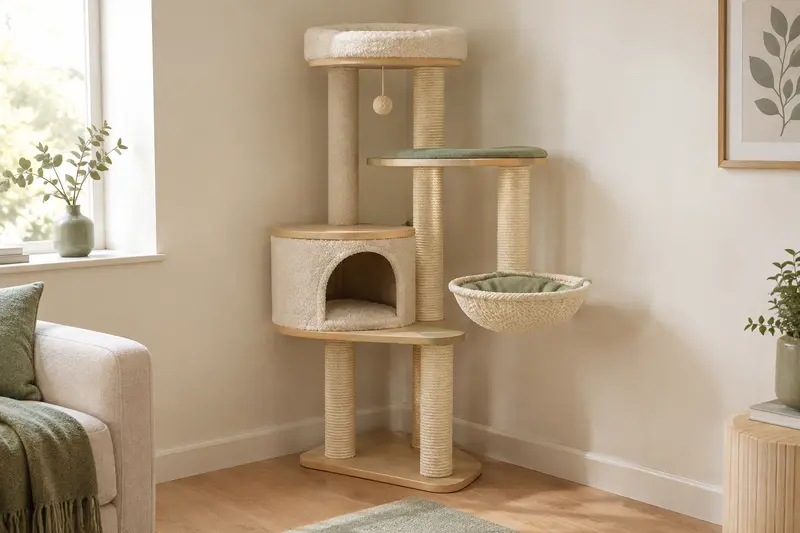 Arbre à chat d’angle installé contre deux murs dans un salon aux tons clairs