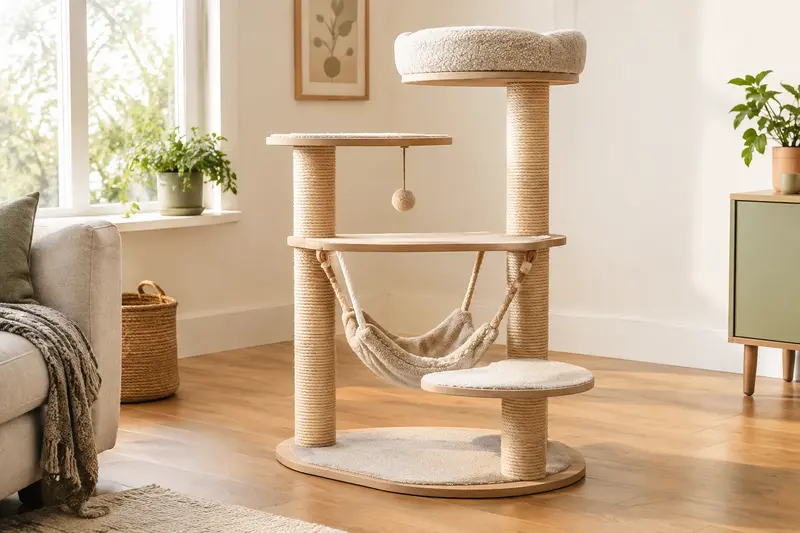 Arbre à chat avec hamac suspendu et poteaux à griffer dans un salon lumineux