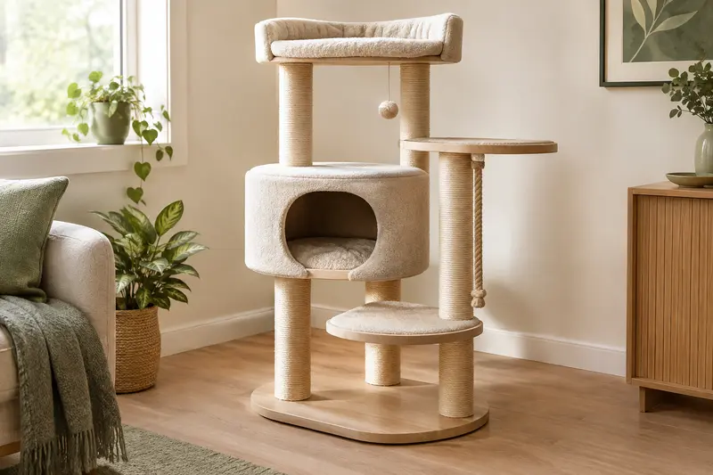 Arbre à chat avec niche intégrée et plateformes dans un intérieur aux tons doux