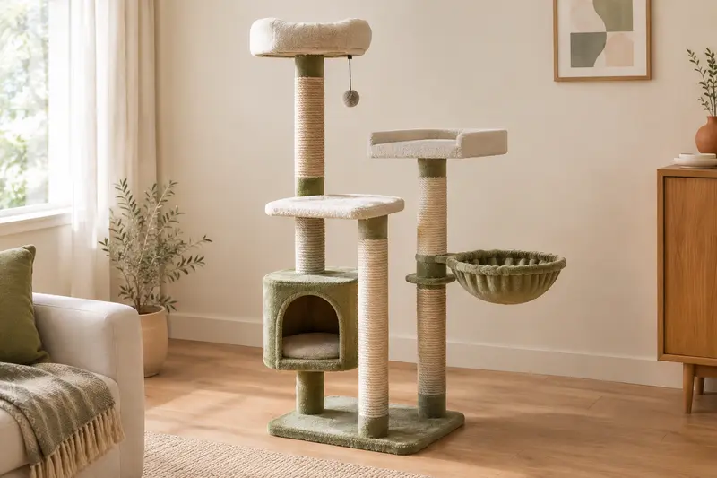 Arbre à chat classique avec poteaux en sisal et plateformes dans un salon clair