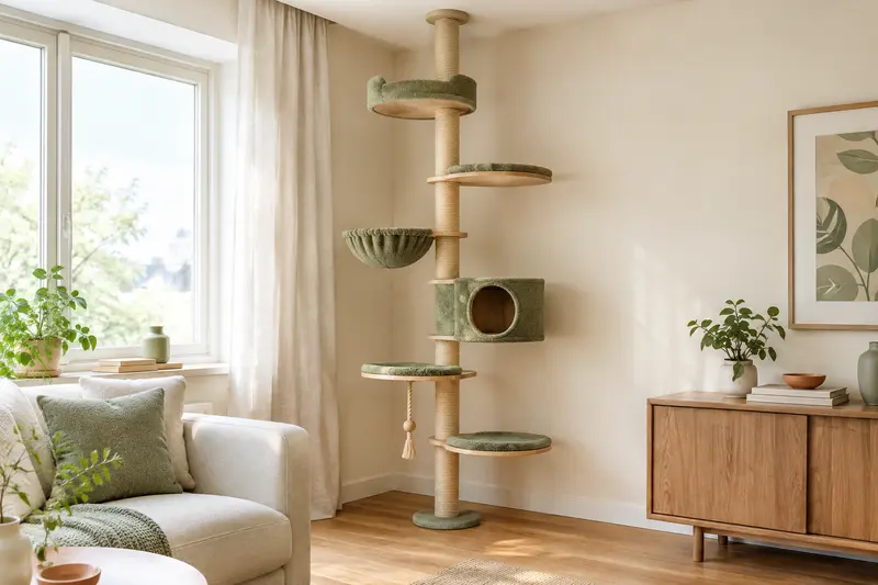Arbre à chat à poteau tendu du sol au plafond dans l’angle d’un salon lumineux, entre une fenêtre et un canapé