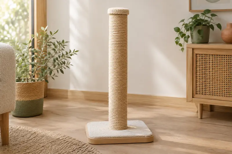 Griffoir poteau en sisal posé sur une base dans un intérieur aux tons naturels