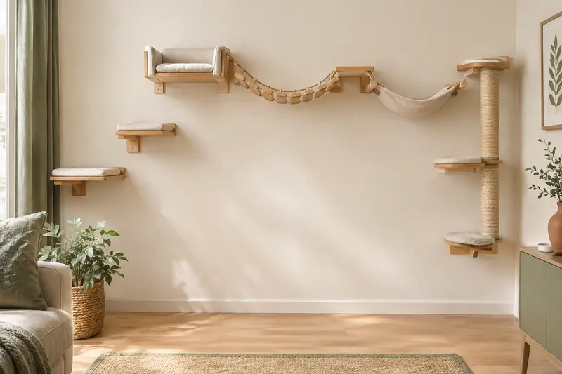 Parcours mural pour chat avec plateformes, pont et hamac sur un mur clair