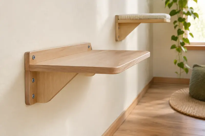 Plateforme murale en bois clair fixée sur un mur crème dans un intérieur lumineux