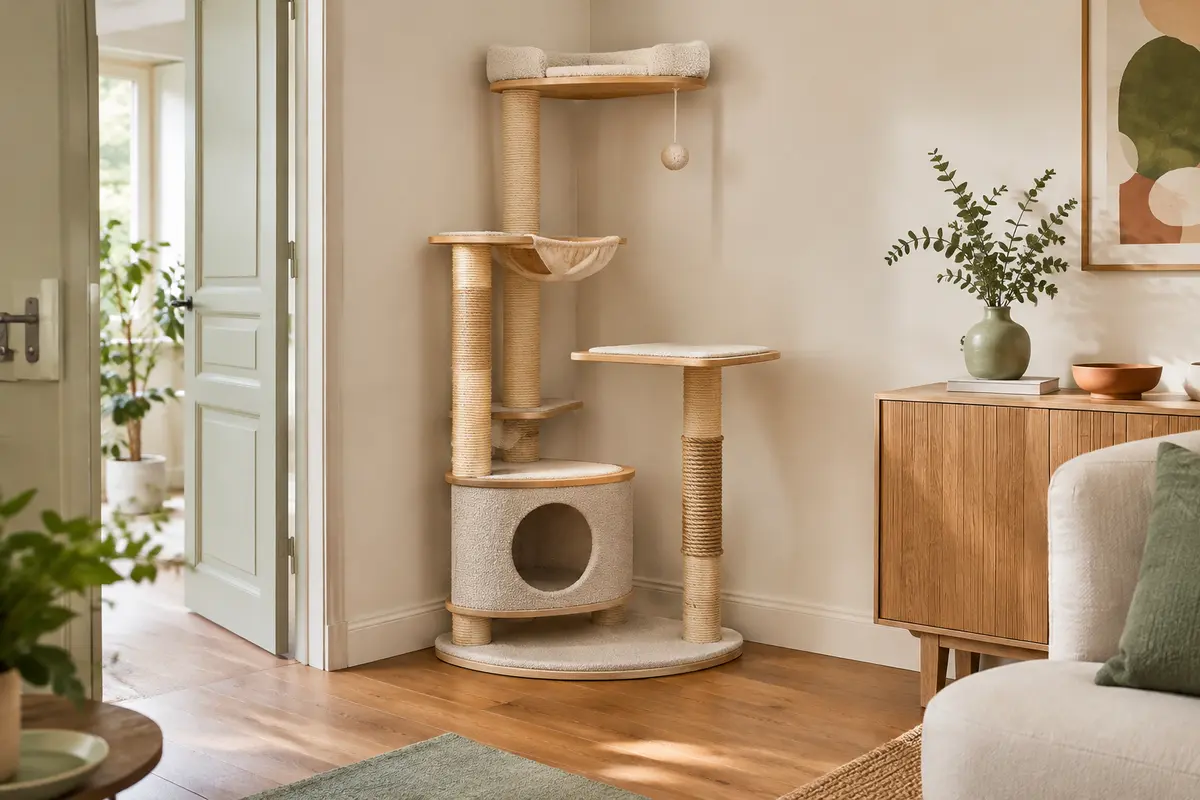 Arbre à chat d’angle dans un coin, porte ouverte et passage libre autour du meuble.