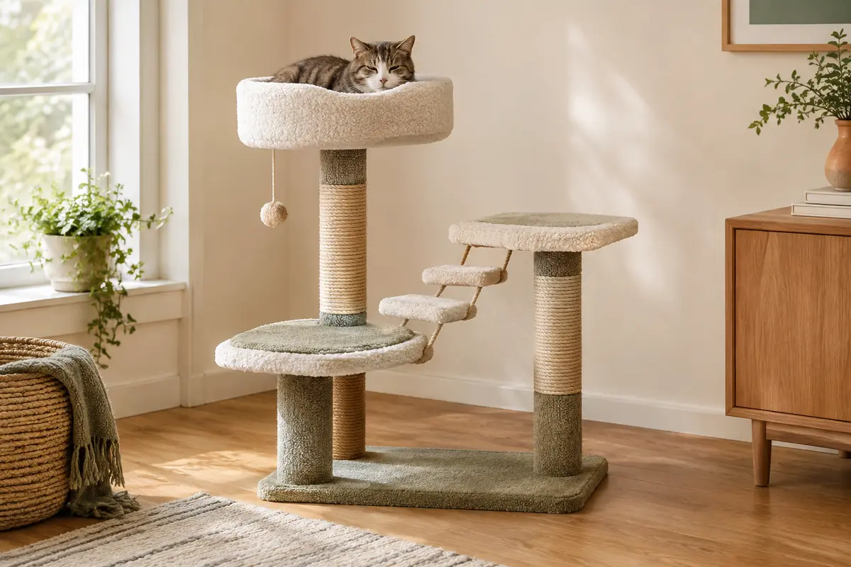 Chat âgé installé sur le couchage bas d’un arbre à chat aux plateformes rapprochées