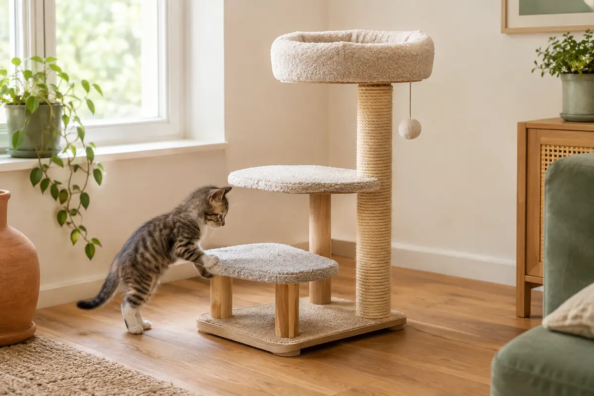 Un chaton découvre un arbre à chat aux plateformes basses et au couchage facilement accessible