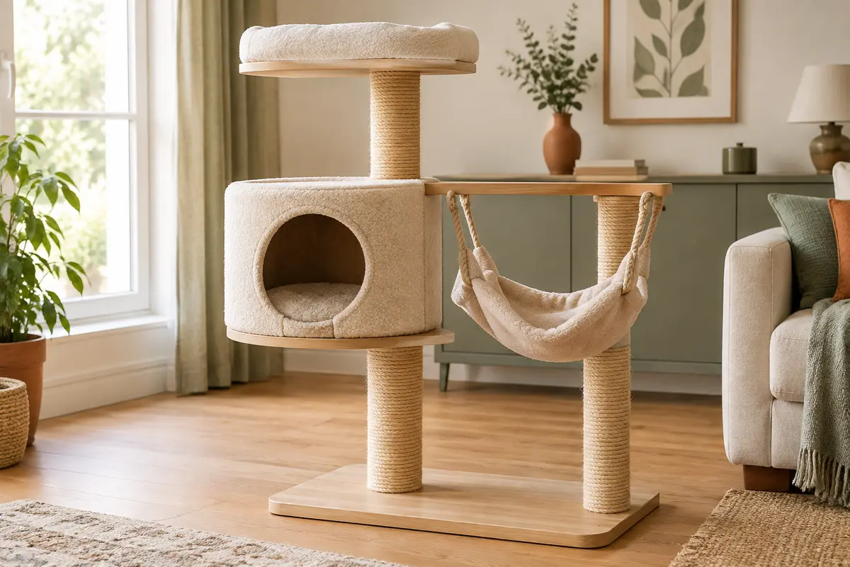 Arbre à chat présentant une niche abritée et un hamac ouvert comme deux couchages distincts