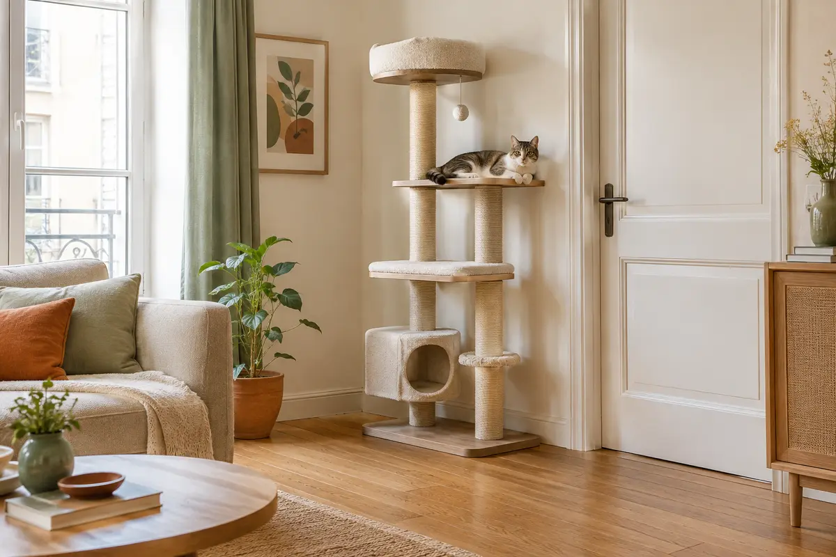Arbre à chat compact contre un mur, avec couchage en hauteur et passage dégagé dans un petit salon.