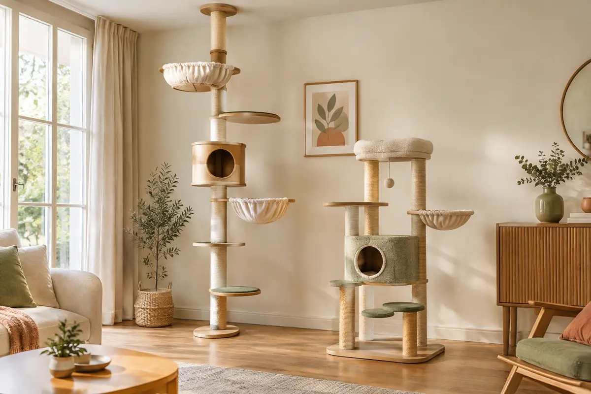 Comparaison d’un arbre à chat du sol au plafond et d’un modèle classique dans un salon