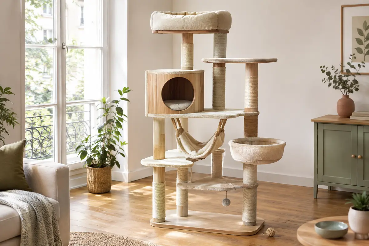 Arbre à chat multi-niveaux avec niche, hamac et plateformes distinctes dans un salon dégagé