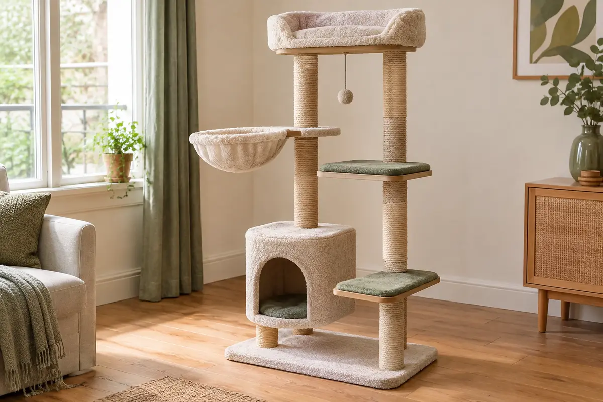 Arbre à chat à plusieurs niveaux avec plateformes, poteau à griffer et couchage dans un intérieur lumineux.
