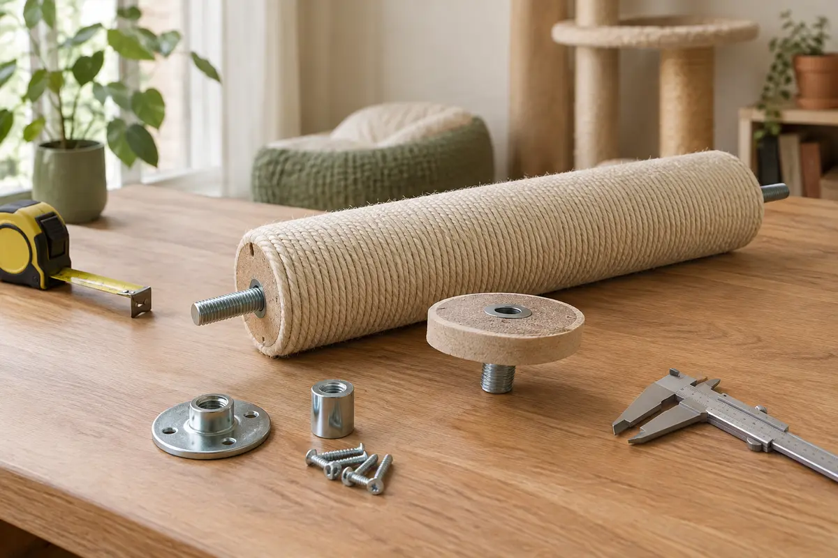 Poteau de rechange en sisal et raccords filetés mesurés avec un mètre ruban et un pied à coulisse
