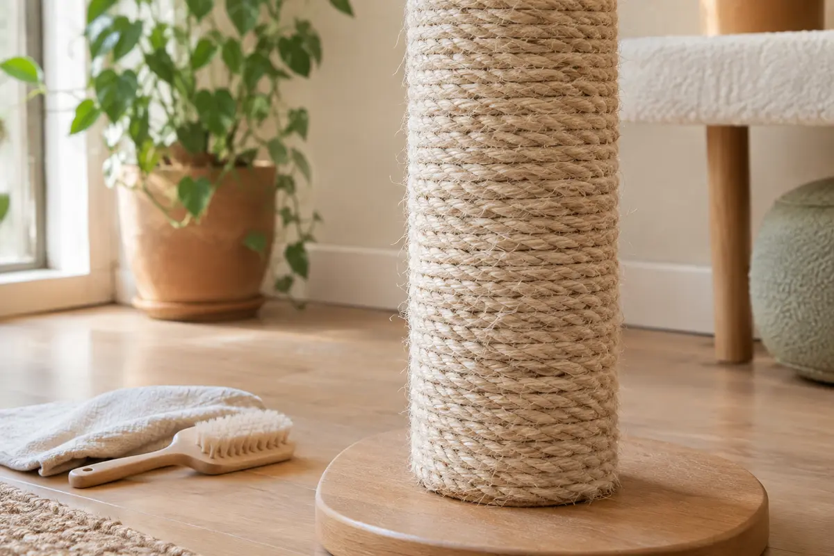Griffoir en sisal avec quelques poils dans les fibres et une brosse souple posée à côté