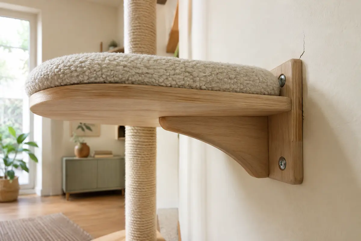Plateforme murale pour chat et points d’ancrage visibles lors d’un contrôle de stabilité.