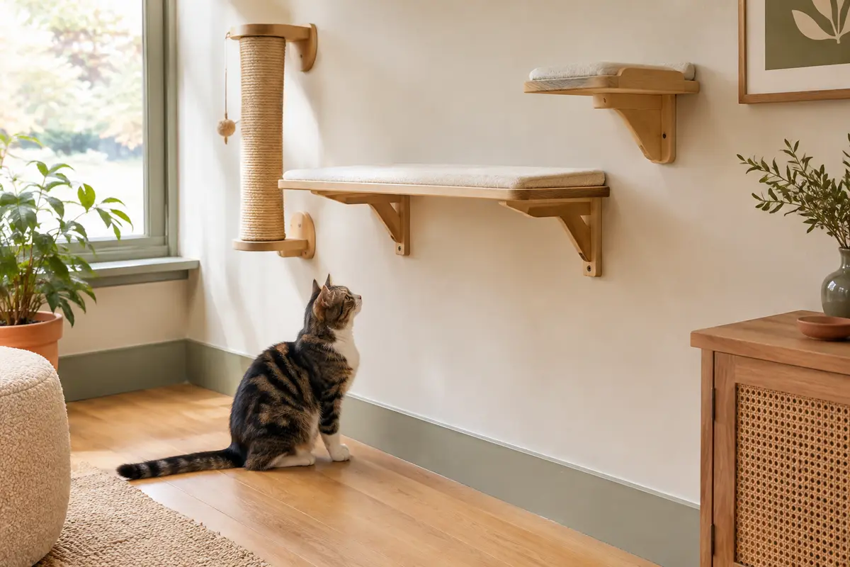 Plateformes murales en bois fixées à un mur pour former un parcours destiné à un chat