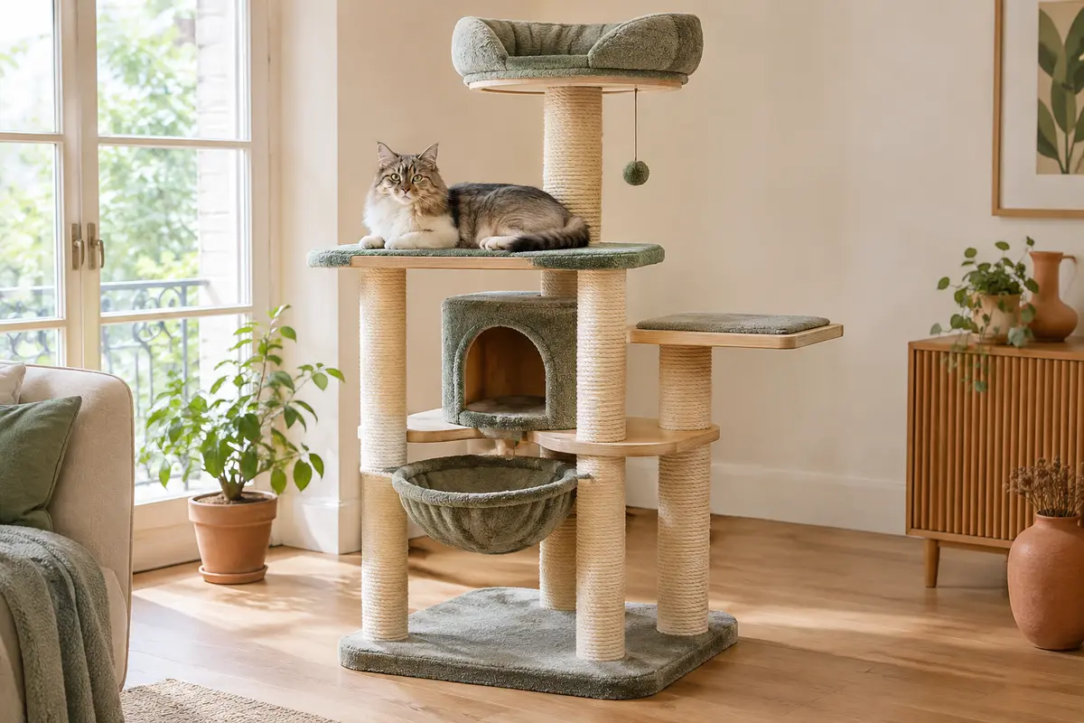 Grand chat reposant sur un arbre à chat stable avec plateformes spacieuses et poteau en sisal
