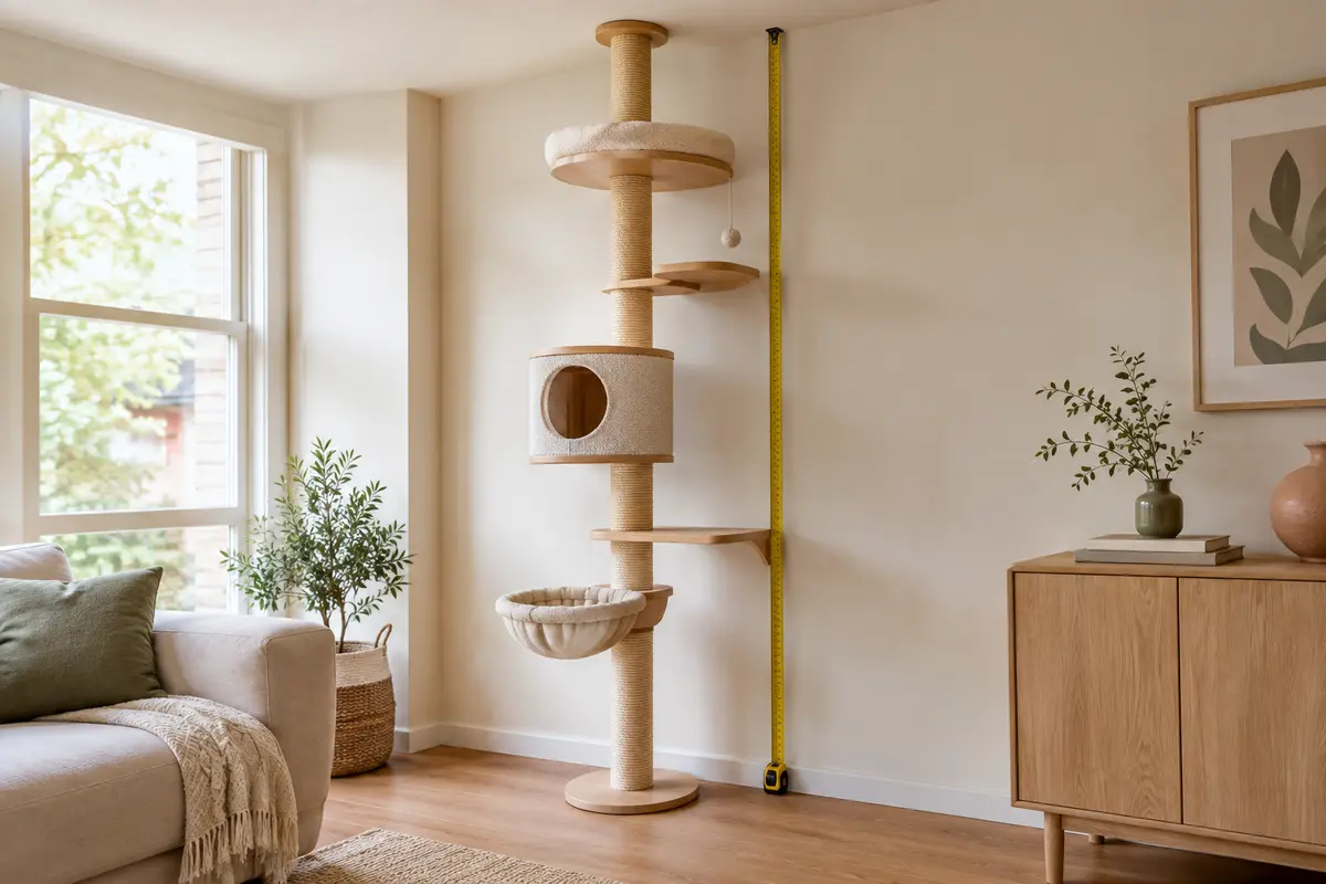 Un mètre ruban mesure la hauteur entre le sol et le plafond près d’un arbre à chat vertical