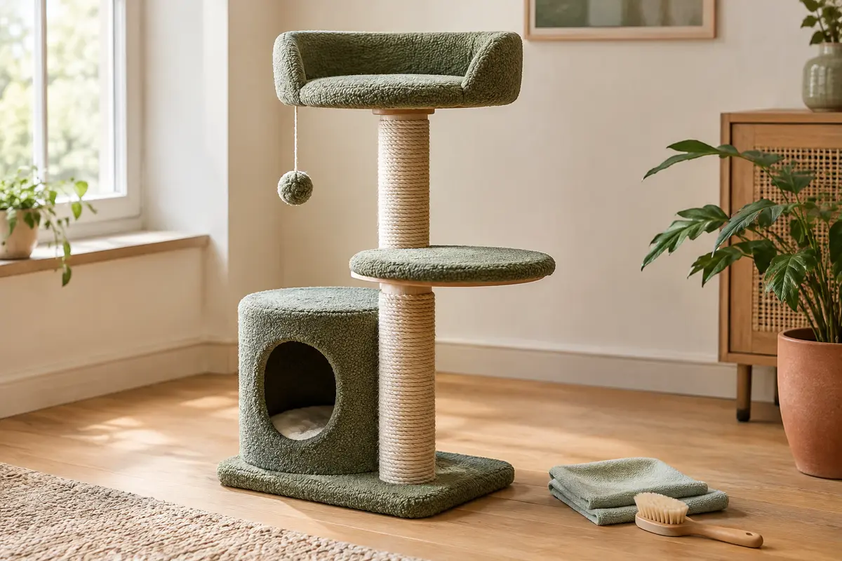 Arbre à chat en sisal tressé et tissu avec une brosse douce et un chiffon pour l’entretien