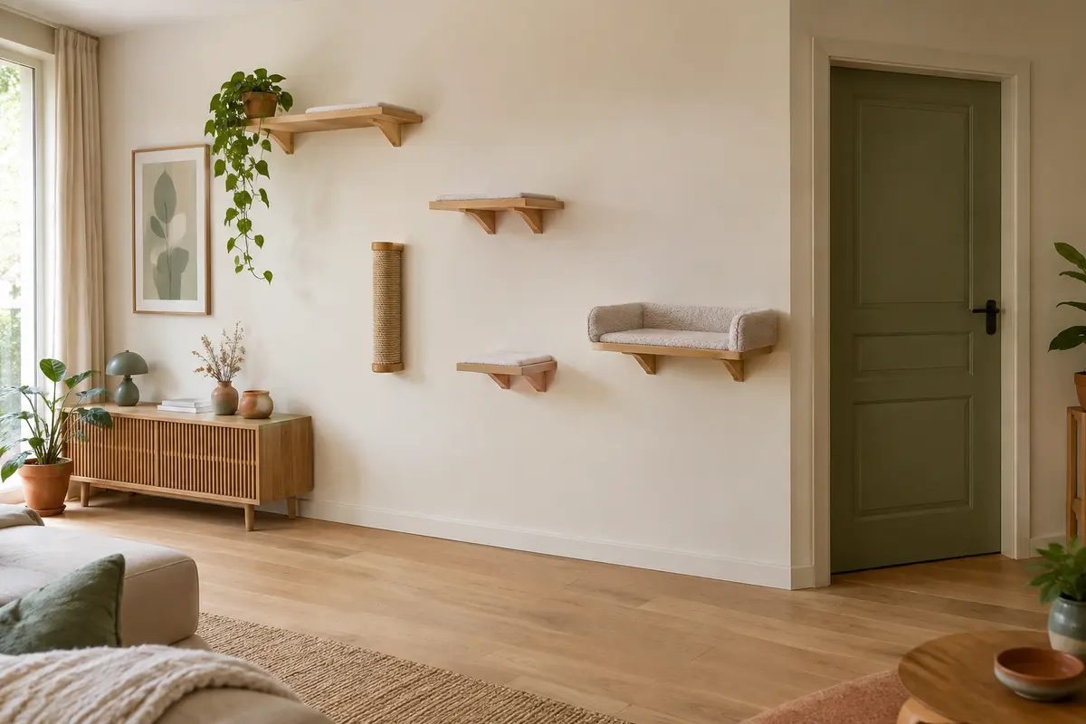 Parcours mural pour chat composé de quelques plateformes, avec une porte et le passage du salon dégagés.