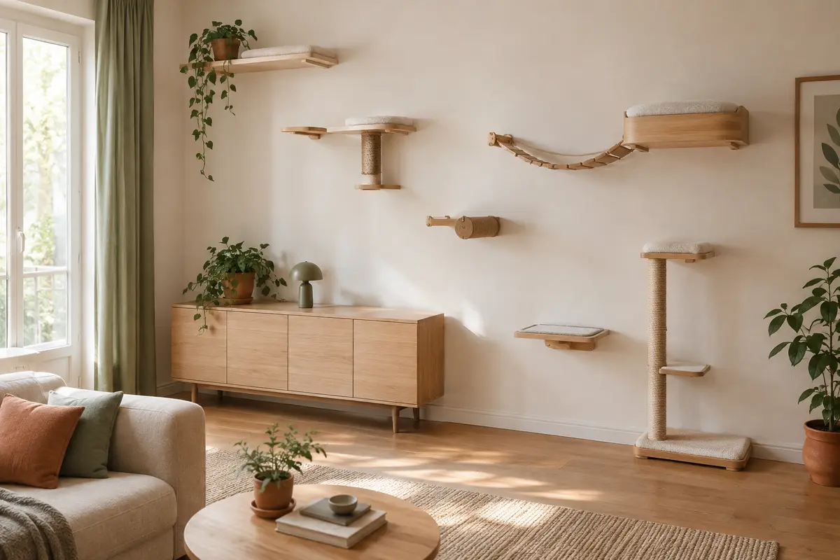 Plateformes murales en bois clair reliant deux zones dans un salon aux passages dégagés