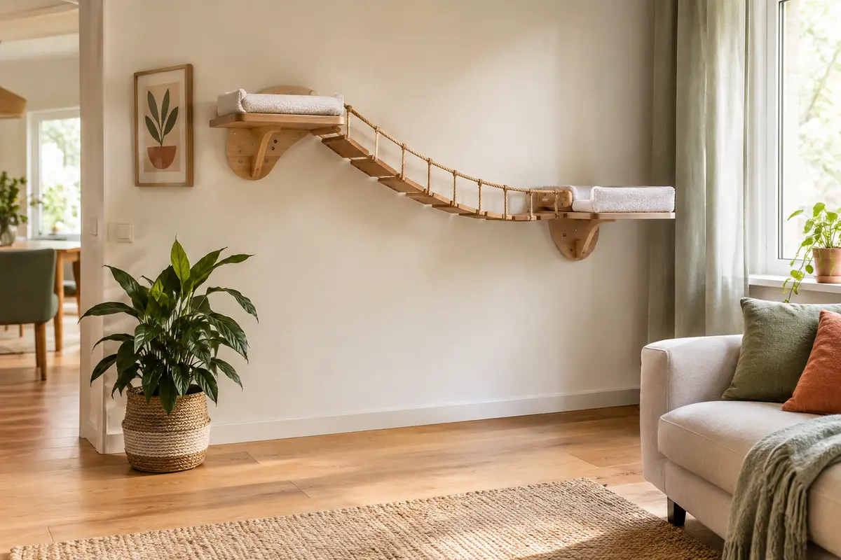 Pont mural en bois reliant deux plateformes pour chat sur un mur dégagé d’un salon