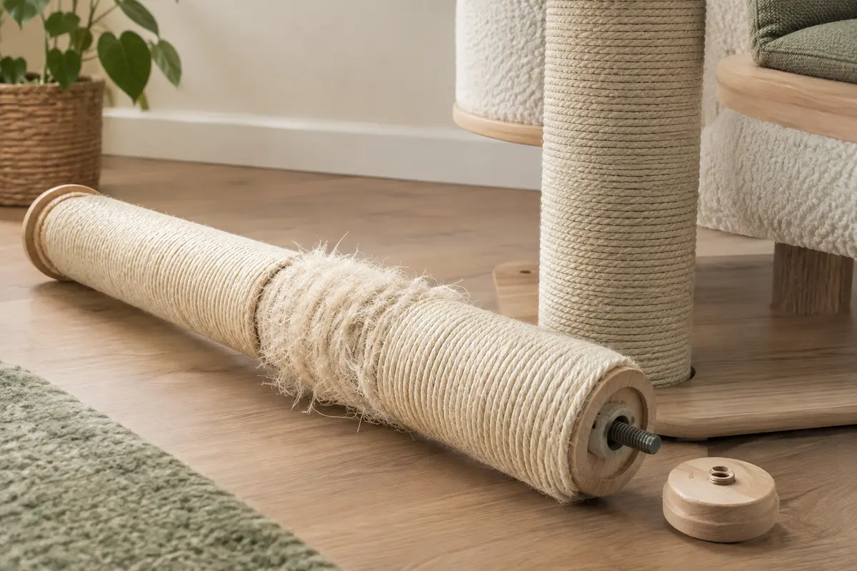 Poteau d’arbre à chat en sisal montrant une zone effilochée et un raccord à vérifier