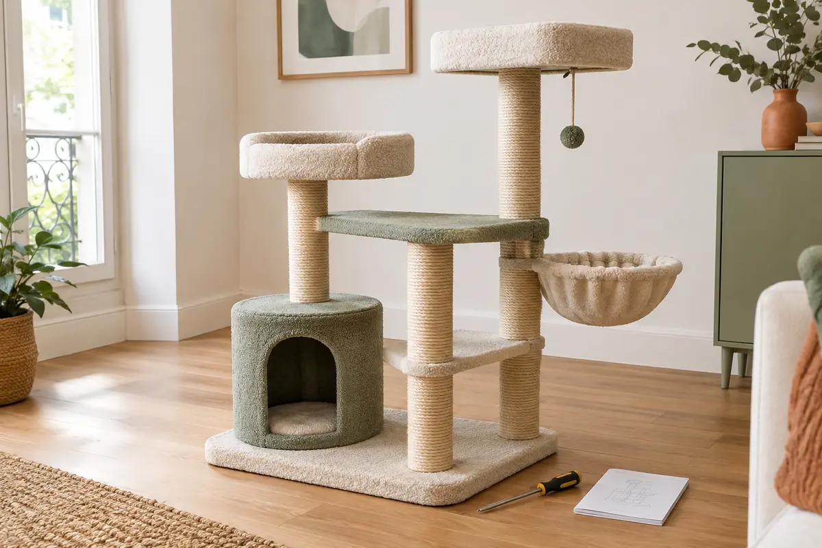 Arbre à chat posé sur un sol plat, avec ses assemblages visibles et un outil de contrôle à proximité.