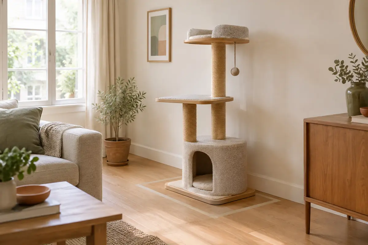 Arbre à chat près d’un mur avec son emprise tracée au sol et un passage libre autour