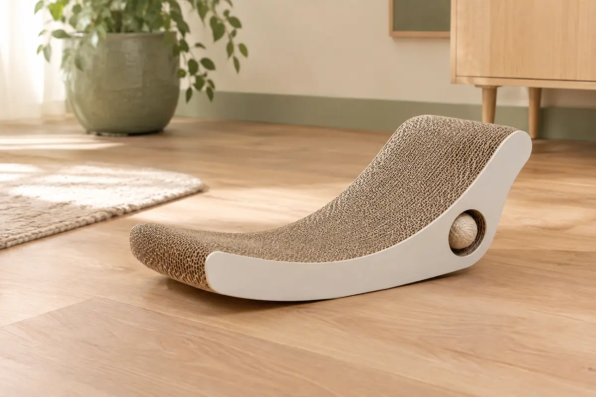 Griffoir incliné blanc en carton ondulé avec balle intégrée, posé sur un sol en bois dans un intérieur clair.