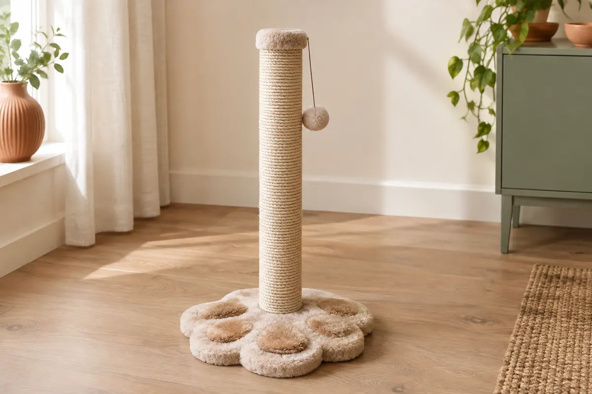 Poteau griffoir Aqpet avec sisal, base en forme de patte et balle en peluche suspendue.