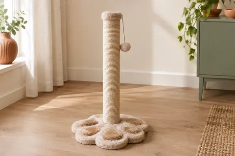 Poteau griffoir Aqpet avec sisal, base en forme de patte et balle en peluche suspendue.