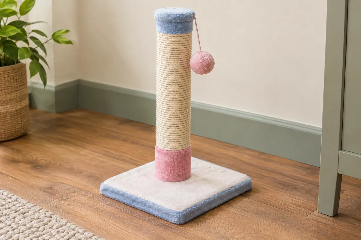 Griffoir poteau compact en peluche claire avec balle intégrée, posé sur un sol en bois