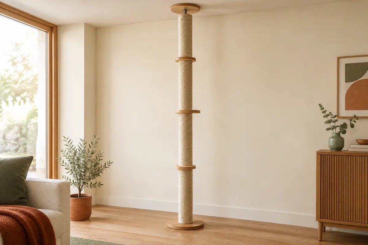 Arbre à chat vertical beige en bois et sisal, installé entre le sol et le plafond d’un intérieur lumineux.