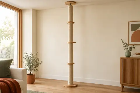 Arbre à chat vertical beige en bois et sisal, installé entre le sol et le plafond d’un intérieur lumineux.