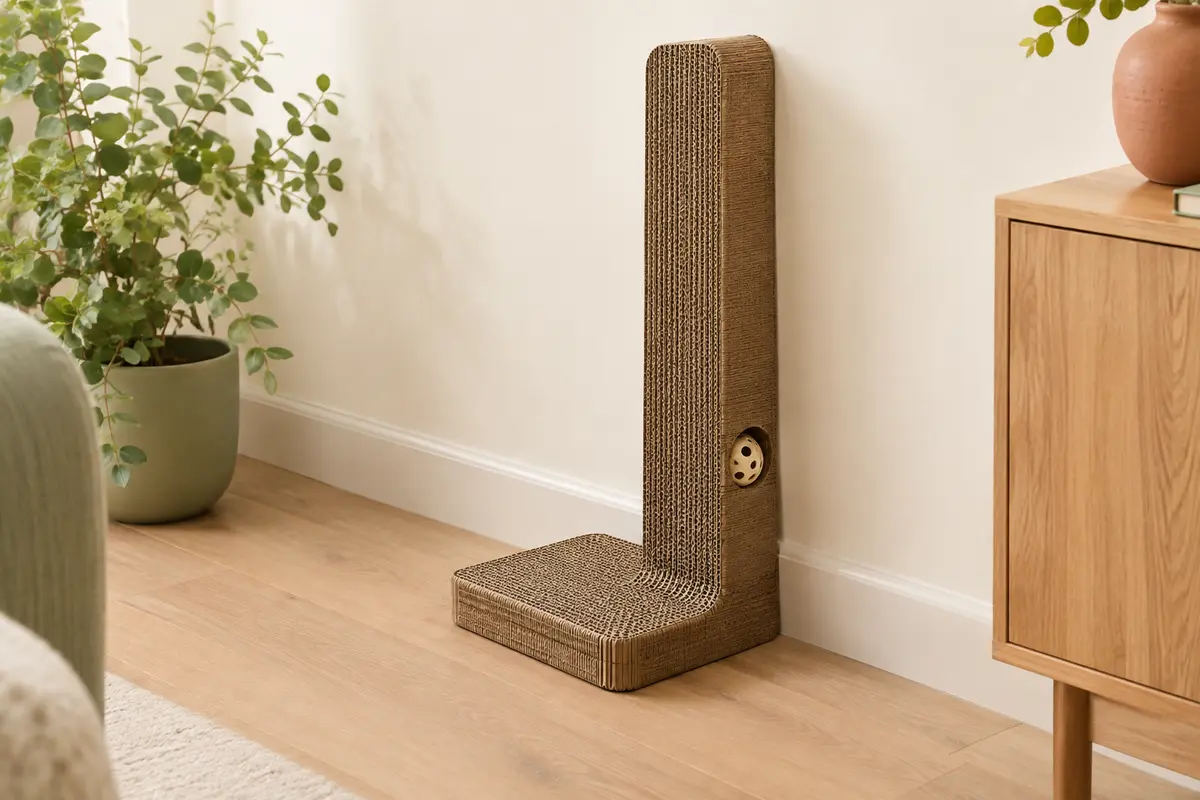 Griffoir en L en carton ondulé marron avec balle, adossé à un mur dans un intérieur lumineux.