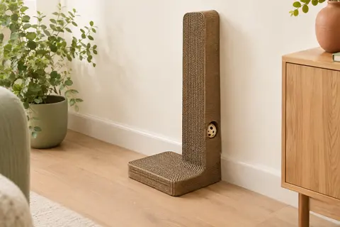 Griffoir en L en carton ondulé marron avec balle, adossé à un mur dans un intérieur lumineux.
