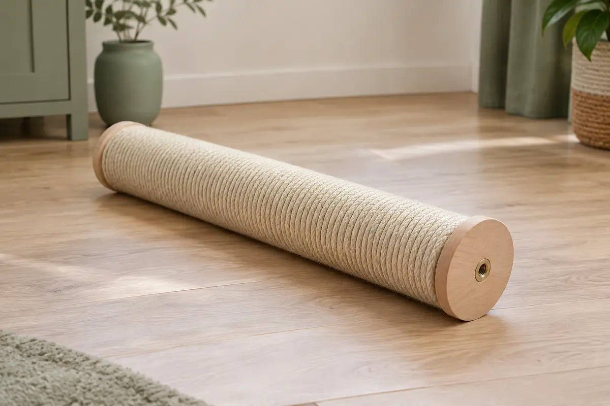 Poteau de rechange gainé de sisal beige, couché sur un parquet clair, avec une extrémité en bois munie d’un insert fileté