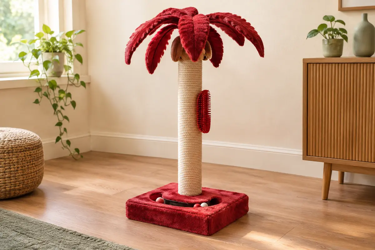 Griffoir poteau rouge en sisal avec piste à balles et brosse douce, posé sur un sol en bois