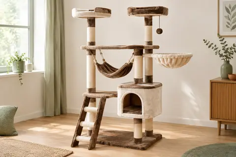 Arbre à chat brun et blanc ombré avec niche, hamac, sisal et deux perchoirs au sommet.