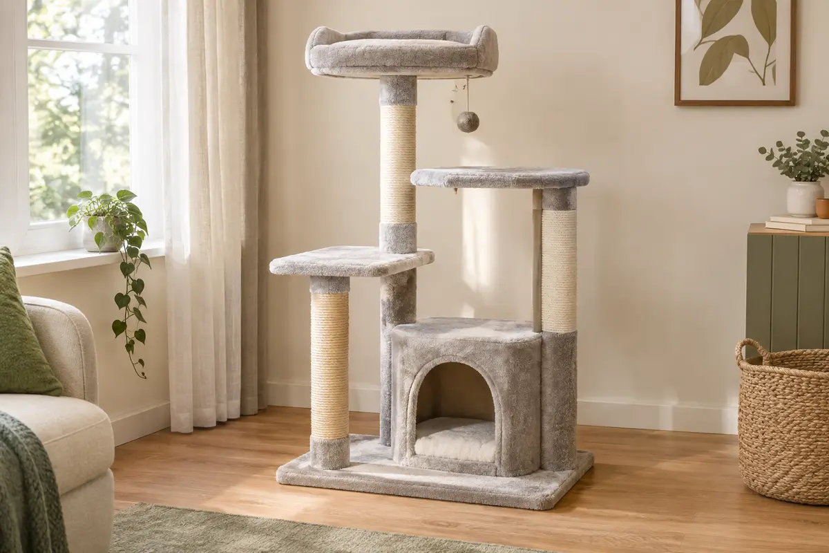 Arbre à chat grège et blanc avec trois plateformes, une niche et un poteau en sisal