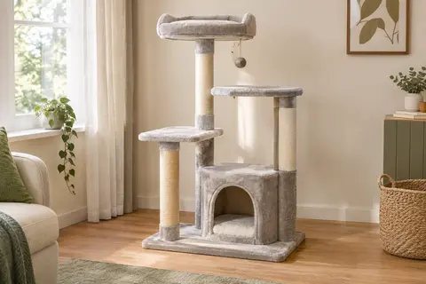 Arbre à chat grège et blanc avec trois plateformes, une niche et un poteau en sisal