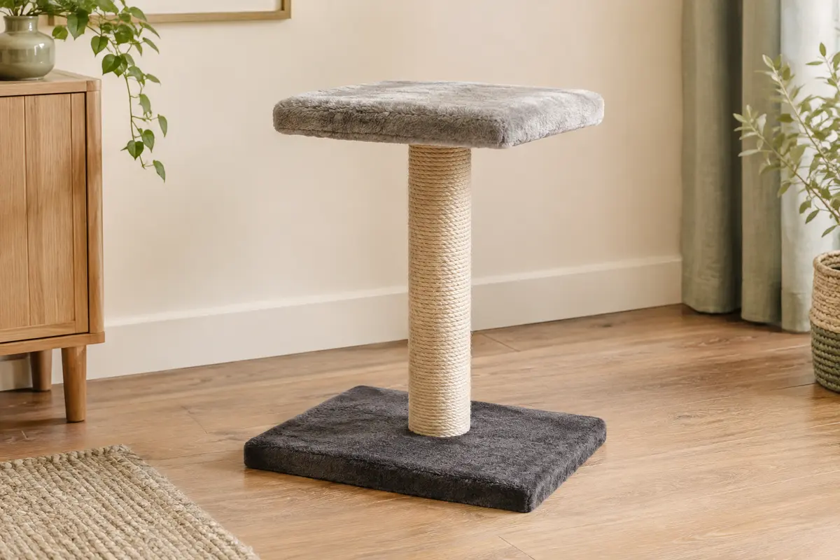 Arbre à chat Feandrea avec poteau en sisal tressé et plateforme en peluche dans un intérieur chaleureux