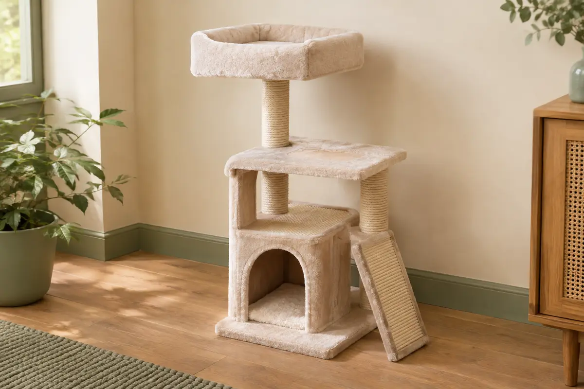 Arbre à chat compact avec niche en peluche, plateforme supérieure et rampe à griffer en sisal