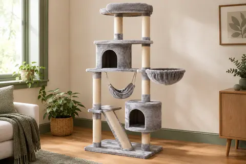Arbre à chat gris clair avec niches, hamac, panier et poteaux en sisal dans un intérieur lumineux