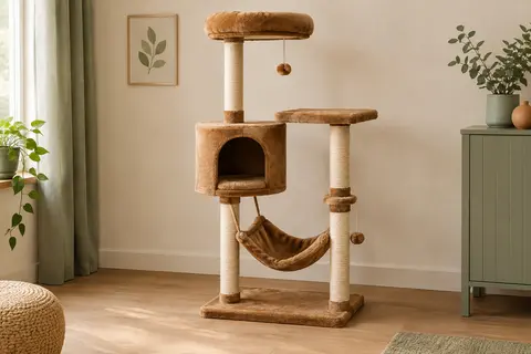 Arbre à chat marron camel avec niche, hamac, plateformes d’observation et poteaux en sisal.