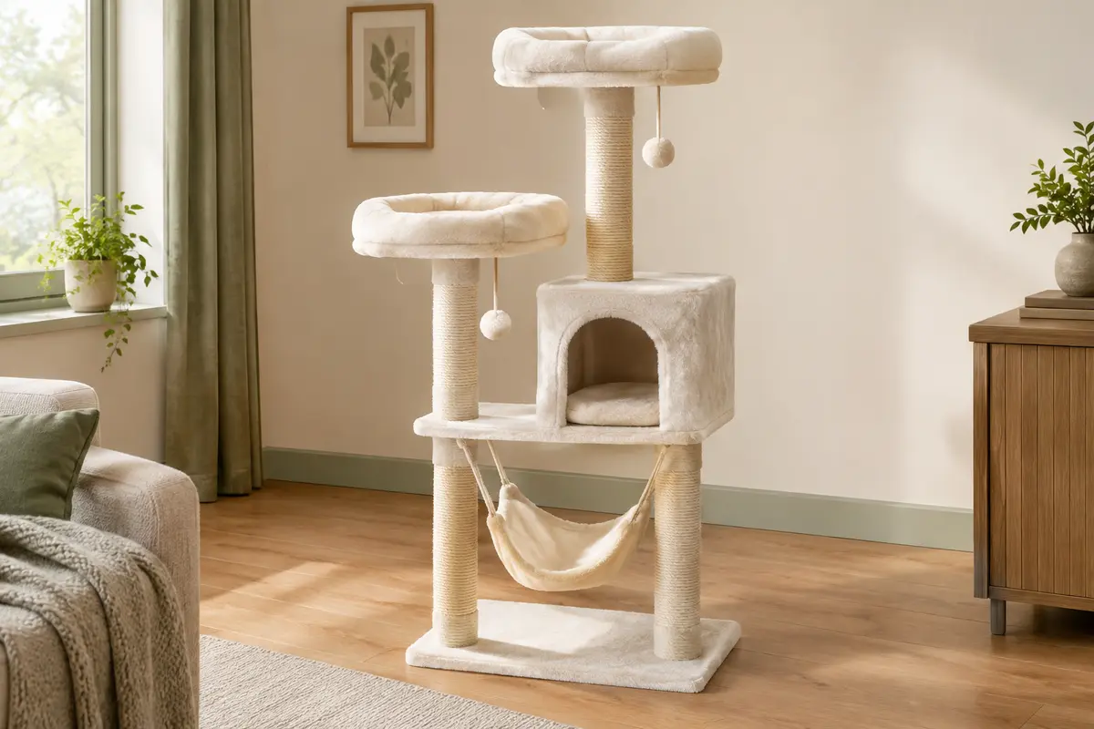 Arbre à chat blanc crème à plusieurs niveaux avec niche, hamac, plateformes et poteaux en sisal