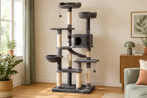 Arbre à chat Feandrea à plusieurs niveaux, avec plateformes en peluche grise et poteaux en sisal