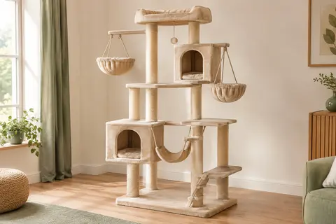 Arbre à chat beige sable avec deux niches, des paniers, un hamac et des poteaux en sisal dans un intérieur lumineux